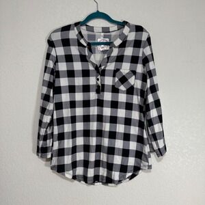 DNA Couture Black White Plaid Tunic Shirt Womens Size L‎ Long Sleeve Button Neck